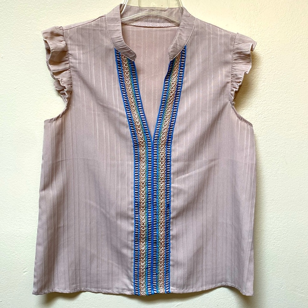 Ruffle Trim Notched Neckline Blouse